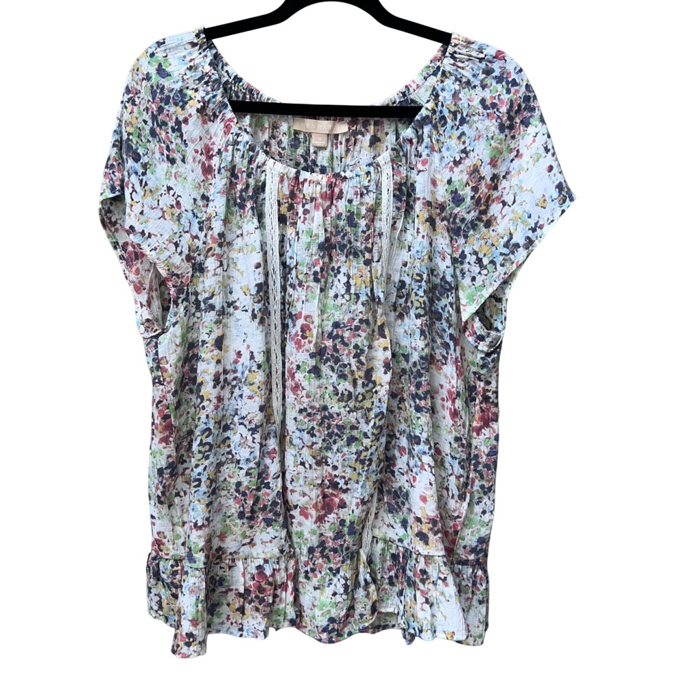 Hope & Harlow Floral Peasant Blouse Multicolor Crochet Trim Ruffle Hem Top EUC